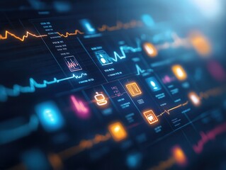 Poster - A vibrant digital interface displaying health-related data and metrics, with colorful graphs and icons representing various medical statistics.