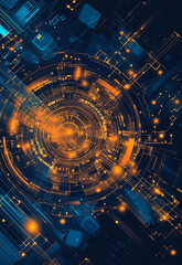 Poster - A computer chip with many orange lines and dots. abstract circuit board background a composite image of a cityscape overlaid with financial charts symbolizing market trends and economic data