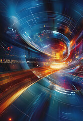 Poster - A computer chip with many orange lines and dots. abstract circuit board background a composite image of a cityscape overlaid with financial charts symbolizing market trends and economic data