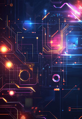Poster - A computer chip with many orange lines and dots. abstract circuit board background a composite image of a cityscape overlaid with financial charts symbolizing market trends and economic data