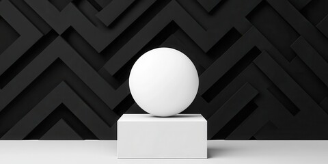Poster - A minimalistic white sphere atop a rectangular pedestal against a textured black zigzag wall, showcasing modern design and contrast.