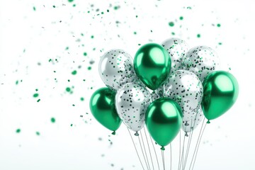 A cluster of shiny green and silver helium balloons with strings surrounded by floating green and silver confetti