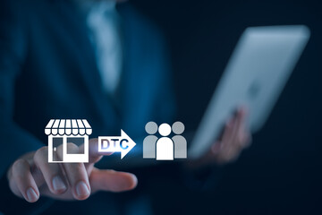 direct to consumer concept. man created own website store, sell products and services directly to cu