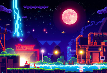 Poster - combines luminogram lighting with pixel art’s retro gaming aesthetic depicting classic game scenes i