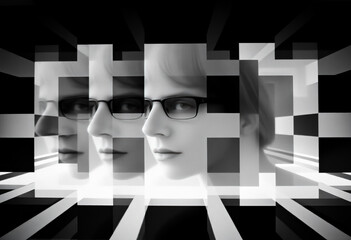 Poster - combines multiple exconceptionconceptionposures with op art’s square patterns layering shapes for de