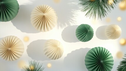 Wall Mural - Minimal winter holidays top view composition with New Year paper festive ornaments cream beige balls, green Christmas Tree Ornament on light white background with golden bokeh light effects