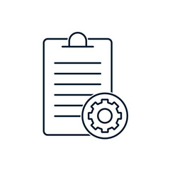 Poster - Clipboard, gear. Concept technical documentation. Vector linear icon isolated on white background.