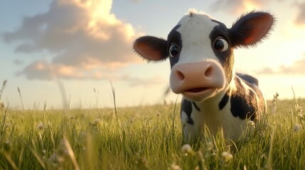 Sticker - Adorable Calf in Sunset Meadow: A Charming Countryside Scene