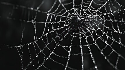Black and white vector illustration of spider webs on a black background, showing intricate cobweb designs from above.