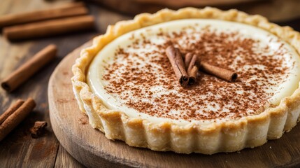 Sticker - Creamy dessert tart with a rich cinnamon topping on a rustic wooden table, showcasing a delightful blend of flavors for culinary enthusiasts and food lovers.