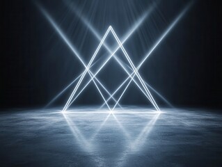 Poster - A glowing triangular light formation on a reflective surface, creating a dynamic and modern visual effect in a dark environment.