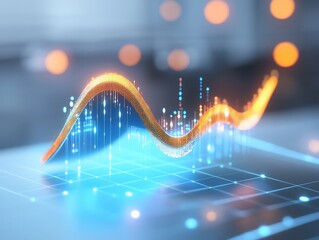 Poster - A digital wave graph illustrating data trends with glowing lines and dots, representing analytics and technology in a modern environment.