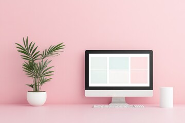 Aufkleber - A stylish workspace featuring a computer on a pink desk, complemented by a potted plant, creating a modern and inviting atmosphere.
