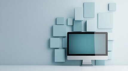 Aufkleber - A modern computer monitor against a stylish wall of geometric shapes, showcasing a minimalist design aesthetic in a serene color palette.