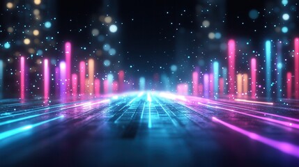 Poster - A vibrant digital landscape with glowing bars and light trails, creating an energetic, futuristic atmosphere.