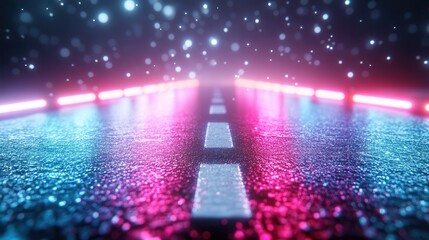 Poster - A neon-lit road reflects rain, creating a vibrant, atmospheric scene filled with colorful lights and a dreamy, futuristic ambiance.