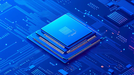 Poster - A blue background shows a computer circuit board with a central processor.  This image represents computing technology.