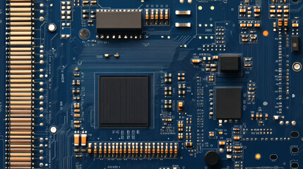 Poster - A blue background shows a computer circuit board with a central processor.  This image represents computing technology.