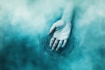 Poster - A serene, close-up view of a hand reaching into water, creating ripples in an ethereal, misty turquoise setting.