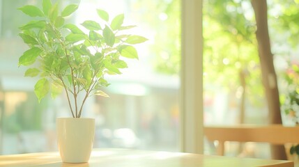 Poster - Tranquil Morning Cafe Ambiance with Soft Lighting and Greenery - World Philosophy Day and Suitable for Earth Day and International Day of Peace