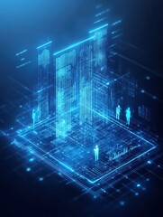 Fototapete - A futuristic digital scene featuring glowing blue data streams, representing information flow and digital interactions in a high-tech environment.
