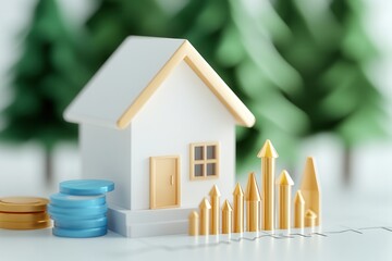 Poster - A miniature house model surrounded by coins and ascending arrows, symbolizing real estate investment and growth.