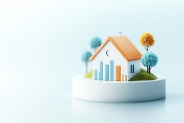 Poster - A colorful 3D illustration of a house with bar graphs and trees, symbolizing real estate growth and investment.