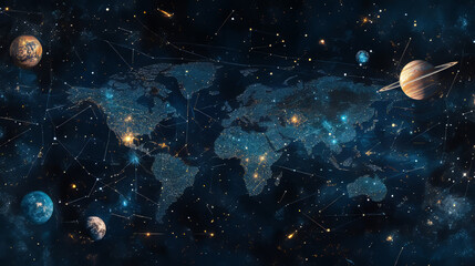 Poster - A starry night sky map.  Points, lines, and planet shapes create a world map design.