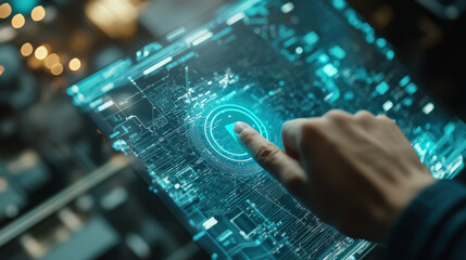 Poster - A hand taps a light blue GPS location marker on a futuristic screen.