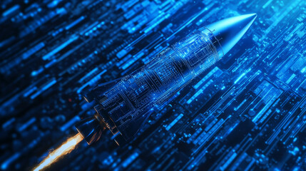 Poster - A futuristic rocket made of digital parts zooms across a blue tech background.  It represents technological advancement in computer chips and space travel.