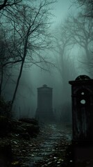 Canvas Print - Foggy Cemetery Path: A Moody Autumn Landscape