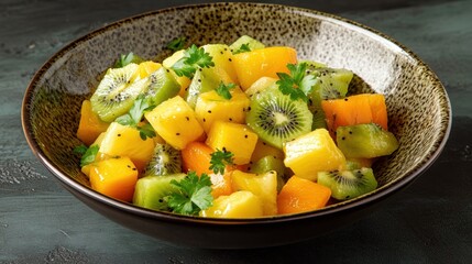 Poster - Fresh and Colorful Fruit Salad with Kiwi, Mango, Pineapple, and Green Melon Served in a Stylish Bowl for Healthy Snack or Dessert Option