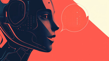 Poster - a close-up shows a robot's head, designed in a futuristic, geometric style. it's speaking, represent
