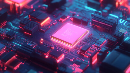 Poster - A glowing AI chip is shown.  The image uses bright pixels on a blue background, highlighting the computer's electronics.
