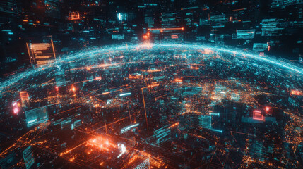 Poster - A futuristic image shows data flowing around the Earth.  It uses a 3D design to represent a global network and the idea of big data.