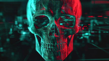 Poster - A glitchy, distorted skull image.  It's a 3D effect, using red and green to create depth, like old 3D glasses.  The style is low-poly and shows a digital, network-like design.