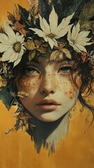 Poster - Autumnal Woman: A Dreamy Portrait in Gold and Flowers