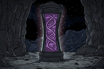 Wall Mural - Glowing purple DNA helix inside a stone container in a cave at night.