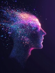 Poster - Man profile with glitch dynamic particles in motion vector illustration, mindfulness philosophical and psychological theme, neural network, technology or psychology concept.