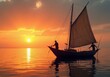 © puruan - Fishermen catch fish at sunset on calm waters with a traditional boat