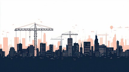 Poster - A silhouette of a city skyline under construction, featuring cranes and buildings against a light backdrop, symbolizing urban development and growth.