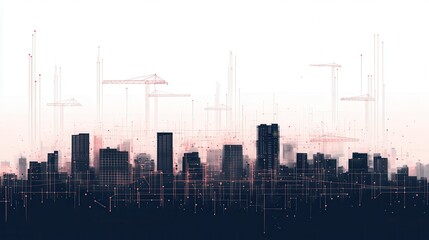 Poster - A digital city skyline with geometric lines and structures, creating a futuristic and abstract visual effect against a light background.