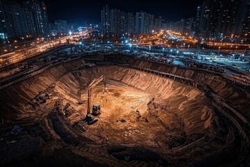 Poster - A nighttime construction site with a large excavation pit, surrounded by illuminated buildings and machinery, showcasing urban development.