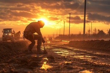 Poster - A laborer works at sunset, silhouetted against a vibrant sky, showcasing the essence of hard work and determination in construction.