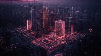 Poster - A futuristic cityscape illuminated in neon pink, showcasing towering skyscrapers and a vibrant urban environment at dusk.