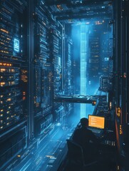 Poster - wide shot of a technician with a laptop working in the secured data centre