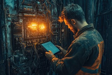 Aufkleber - A technician examines a complex, illuminated control panel while using a tablet, surrounded by tangled wires in a dimly lit environment.