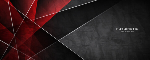 Poster - 3D black rough grunge abstract background overlap layer on dark space with red light effect decoration. Modern graphic design element cutout style concept for web banner, flyer, card or brochure cover