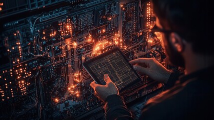 Poster - A focused individual interacts with a glowing circuit board while using a tablet, surrounded by vibrant lights and intricate technology.