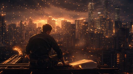 Poster - A lone figure sits atop a skyscraper, gazing over a city skyline illuminated by a fiery sunset, evoking a sense of contemplation and urban beauty.
